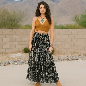 Coldwater Creek Black and Cream Tiered Maxi Skirt Smocked Waist Boho Size Small